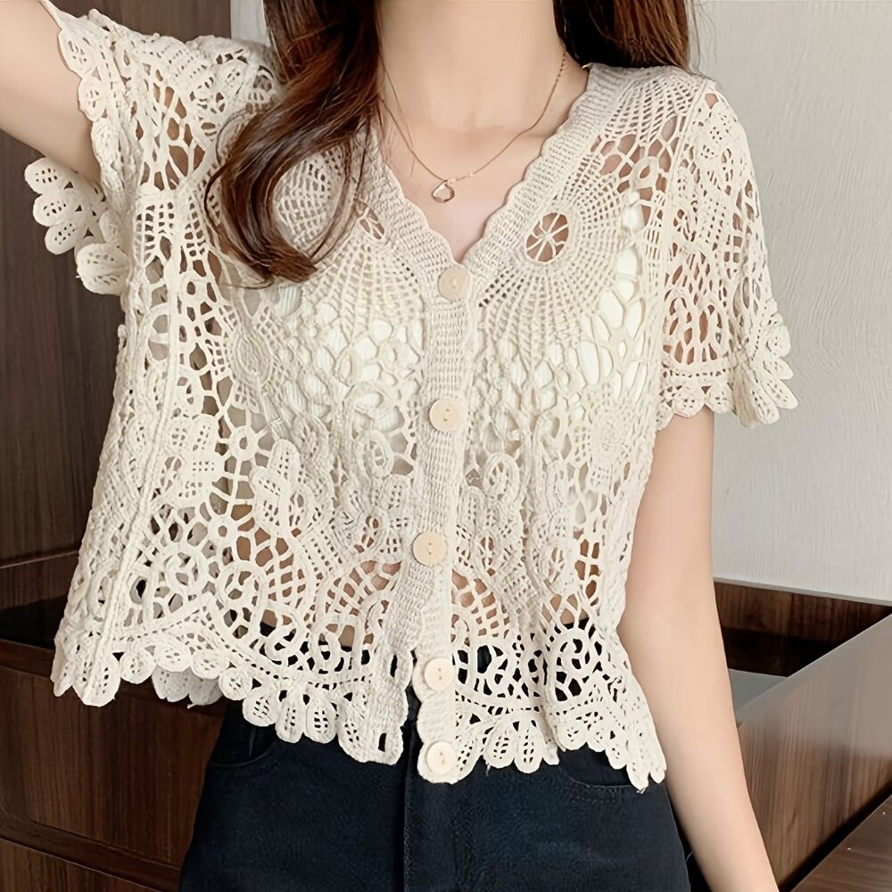 Unbranded Sz S/M Crocheted Knit Apricot Button‎ Down Short Sleeve Cardigan NEW